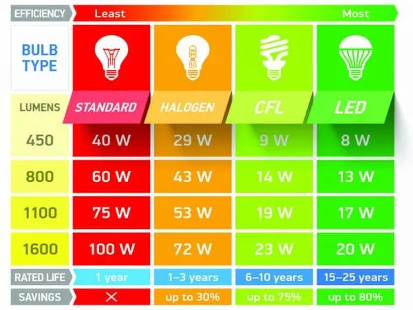 a chart with different types of light bulbs.