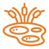an orange and black logo with a fish on it.