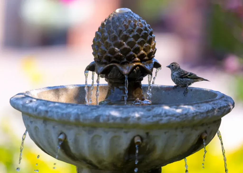 Metal outdoor fountain with bird